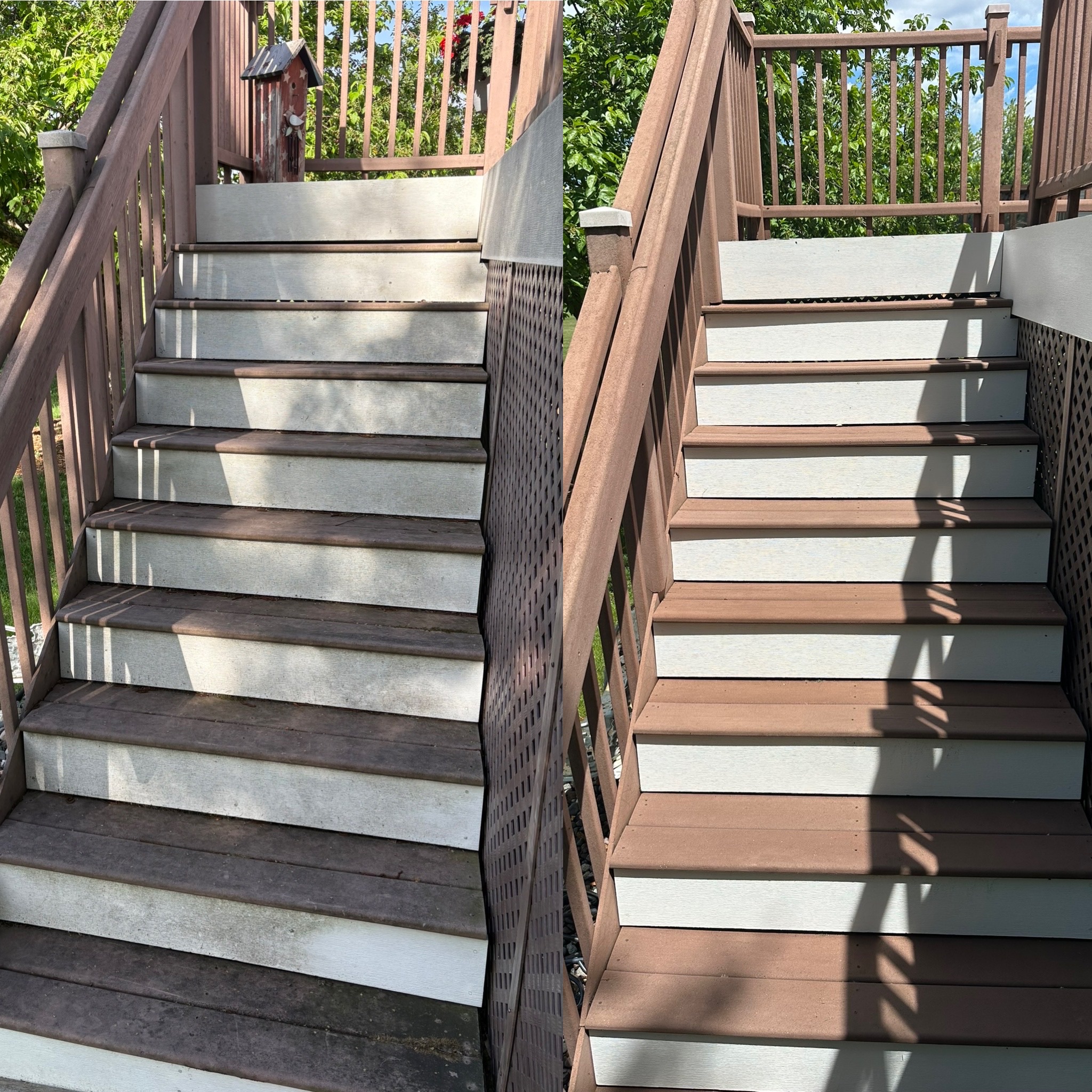 Deck stairs before and after surface cleaning